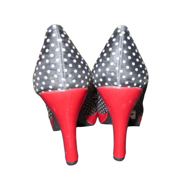 STEVE MADDEN Lexus Black & White Polka Dot Red Heels Retro Chic Peep Toe Heels - Picture 3 of 12